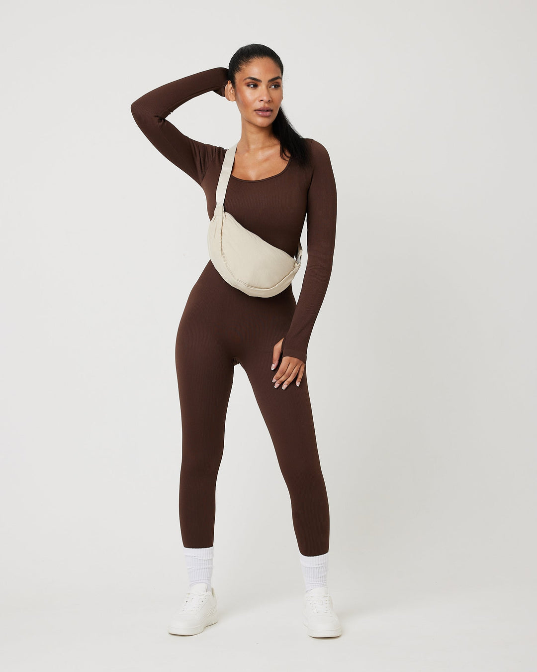 Snuggz Fit Ribbed Long Sleeve Mocha Jumpsuit