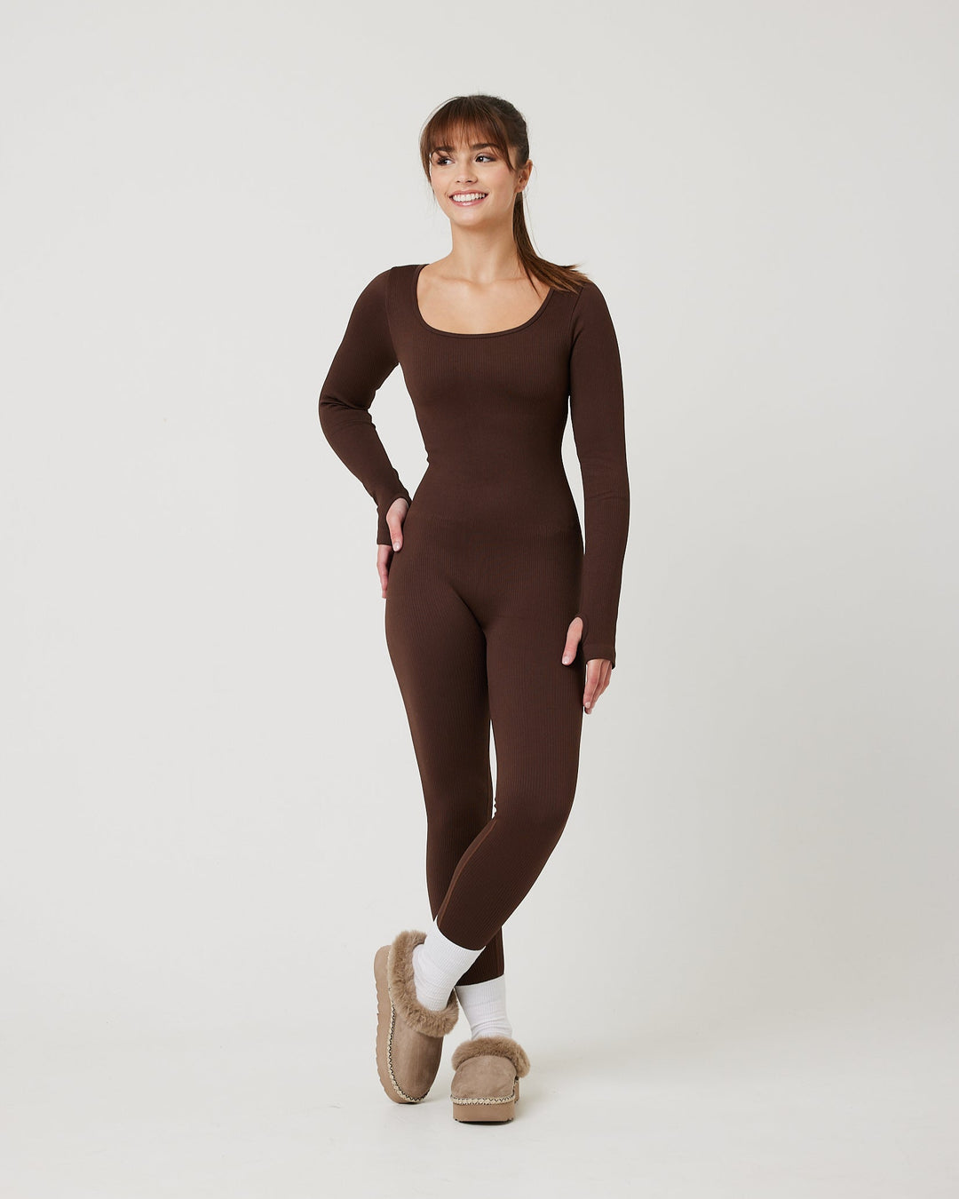 Snuggz Fit Ribbed Long Sleeve Mocha Jumpsuit