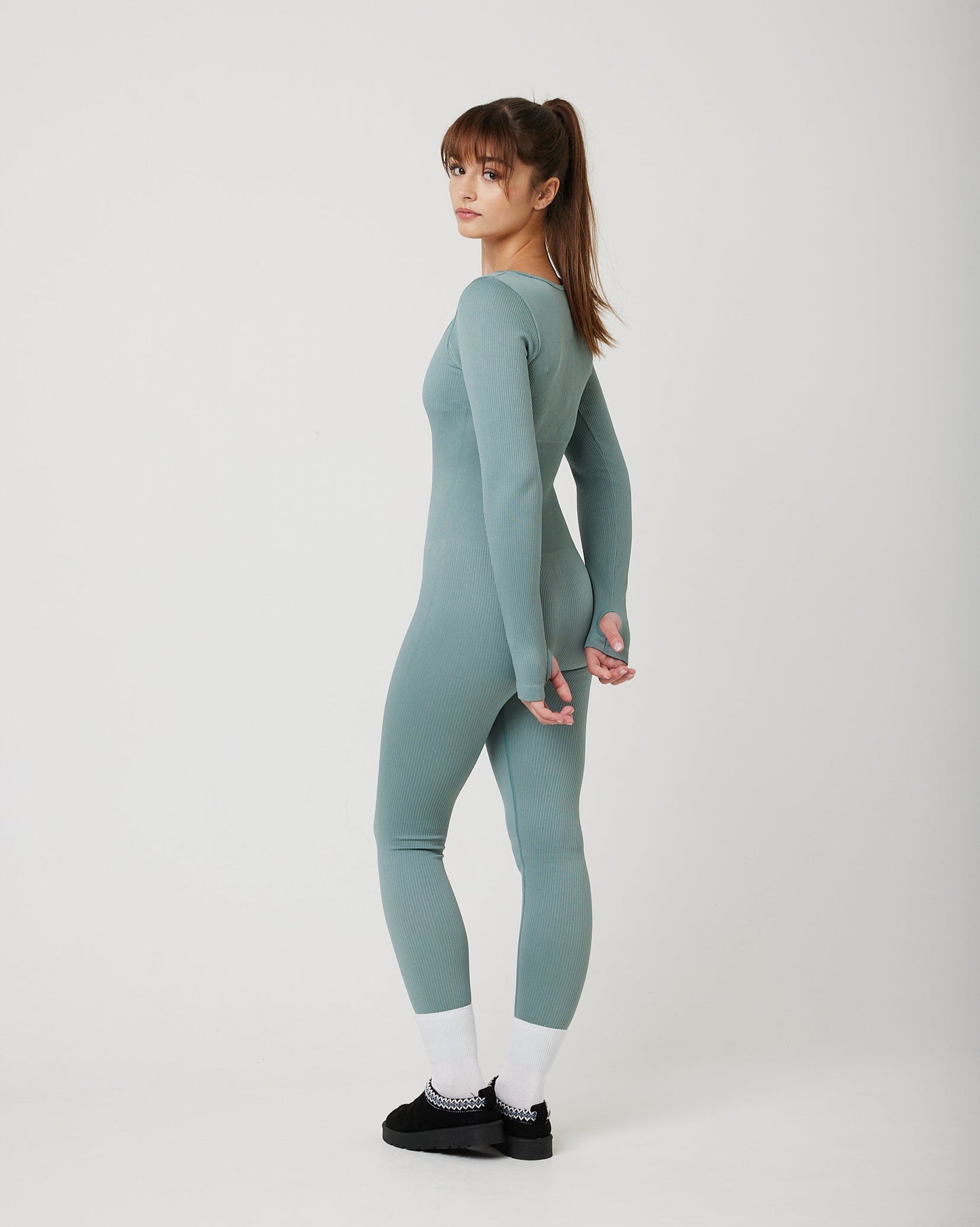 Snuggz Fit Ribbed Long Sleeve Green Jumpsuit