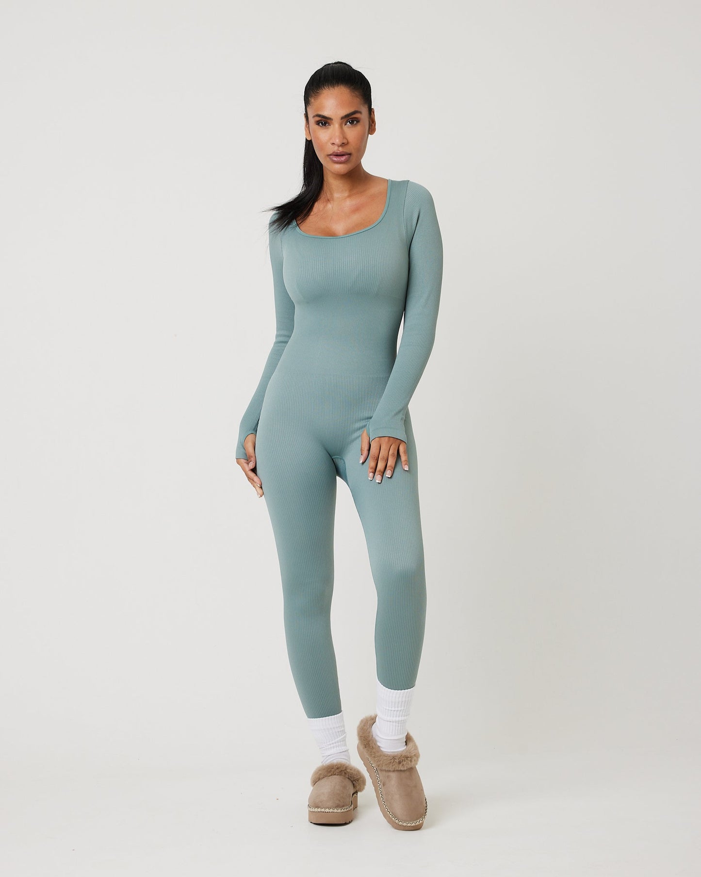 Snuggz Fit Ribbed Long Sleeve Green Jumpsuit