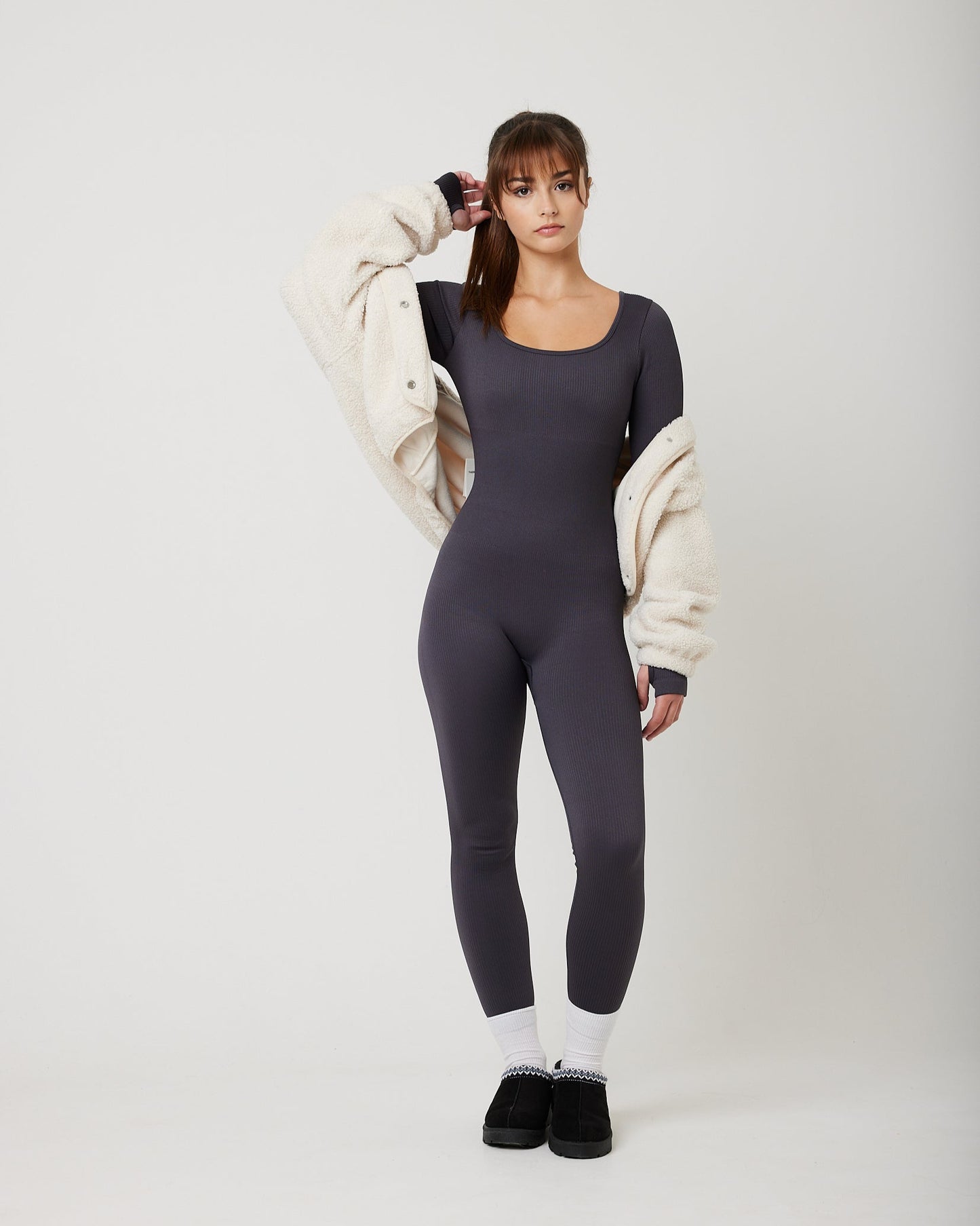 Snuggz Fit Ribbed Long Sleeve Grey Jumpsuit