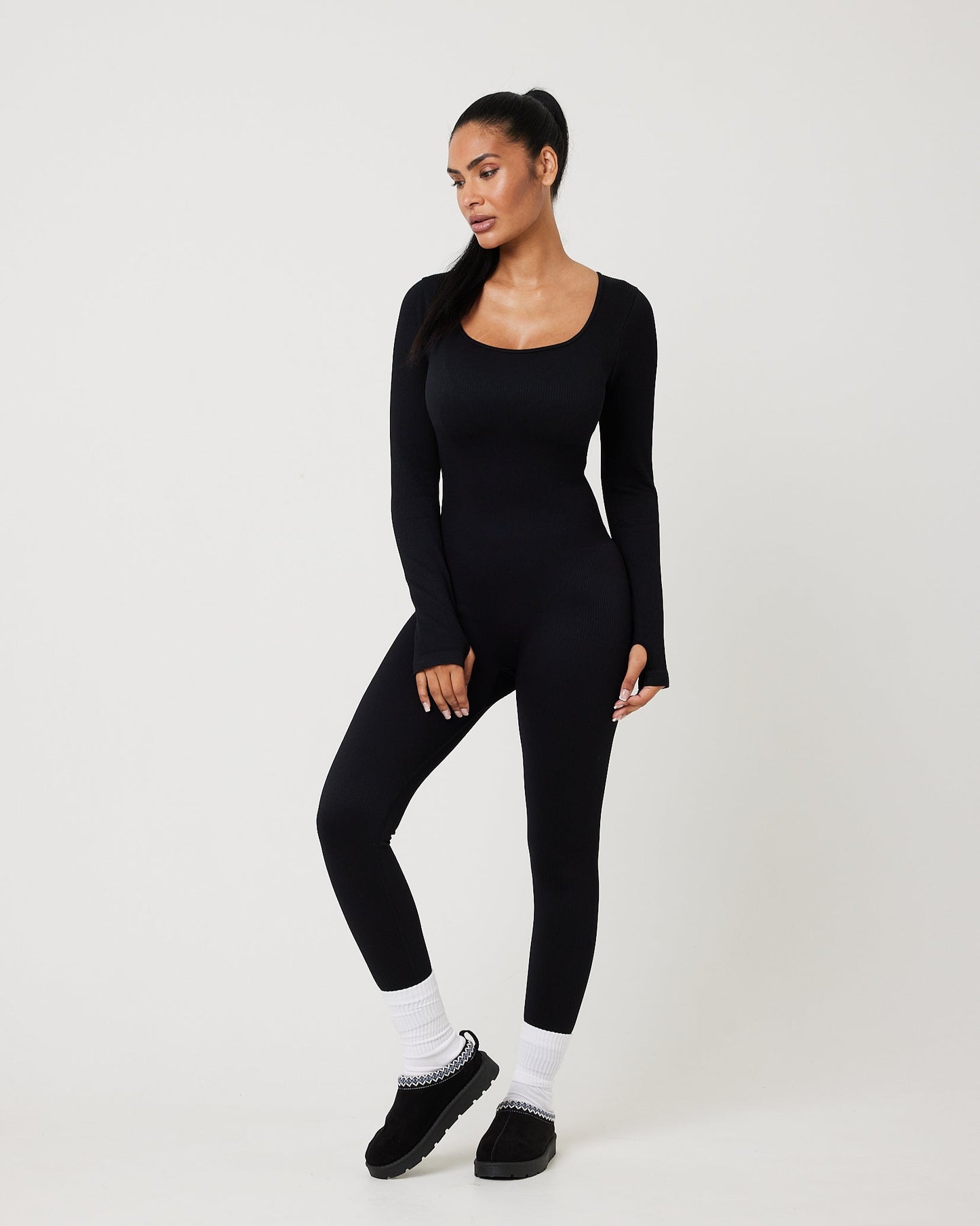 Snuggz Fit Ribbed Long Sleeve Black Jumpsuit