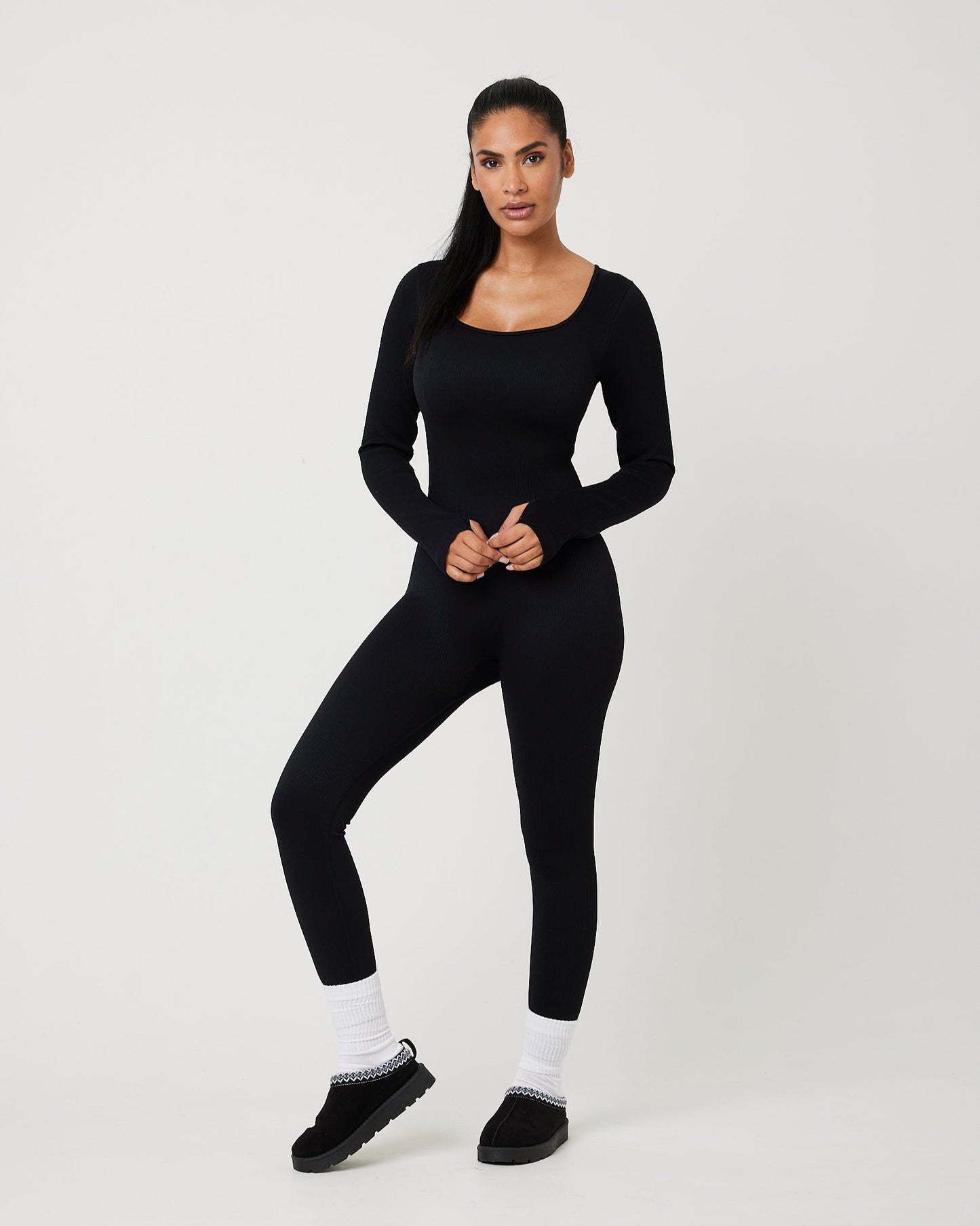 Snuggz Fit Ribbed Long Sleeve Black Jumpsuit