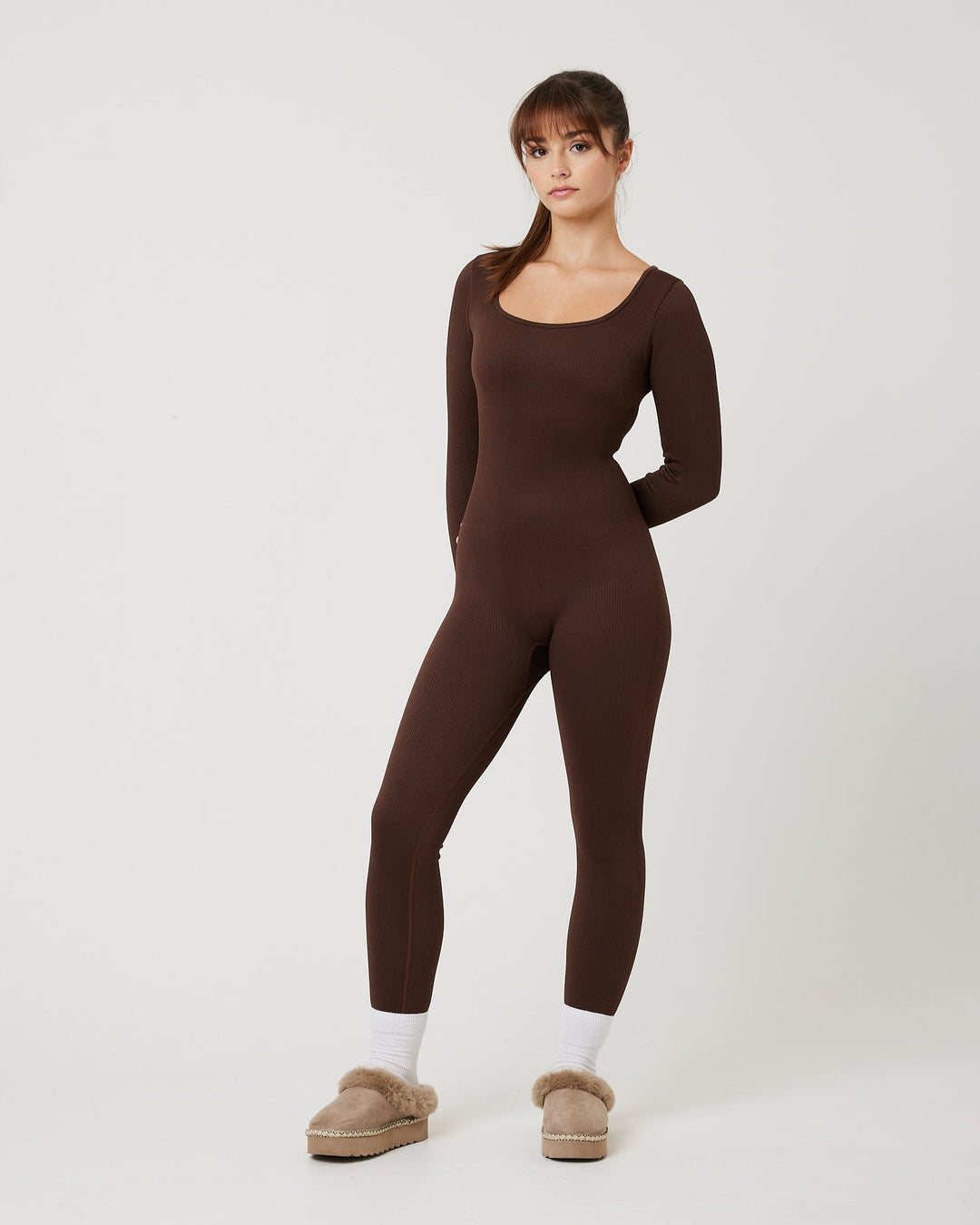 Snuggz Fit Ribbed Long Sleeve Mocha Jumpsuit