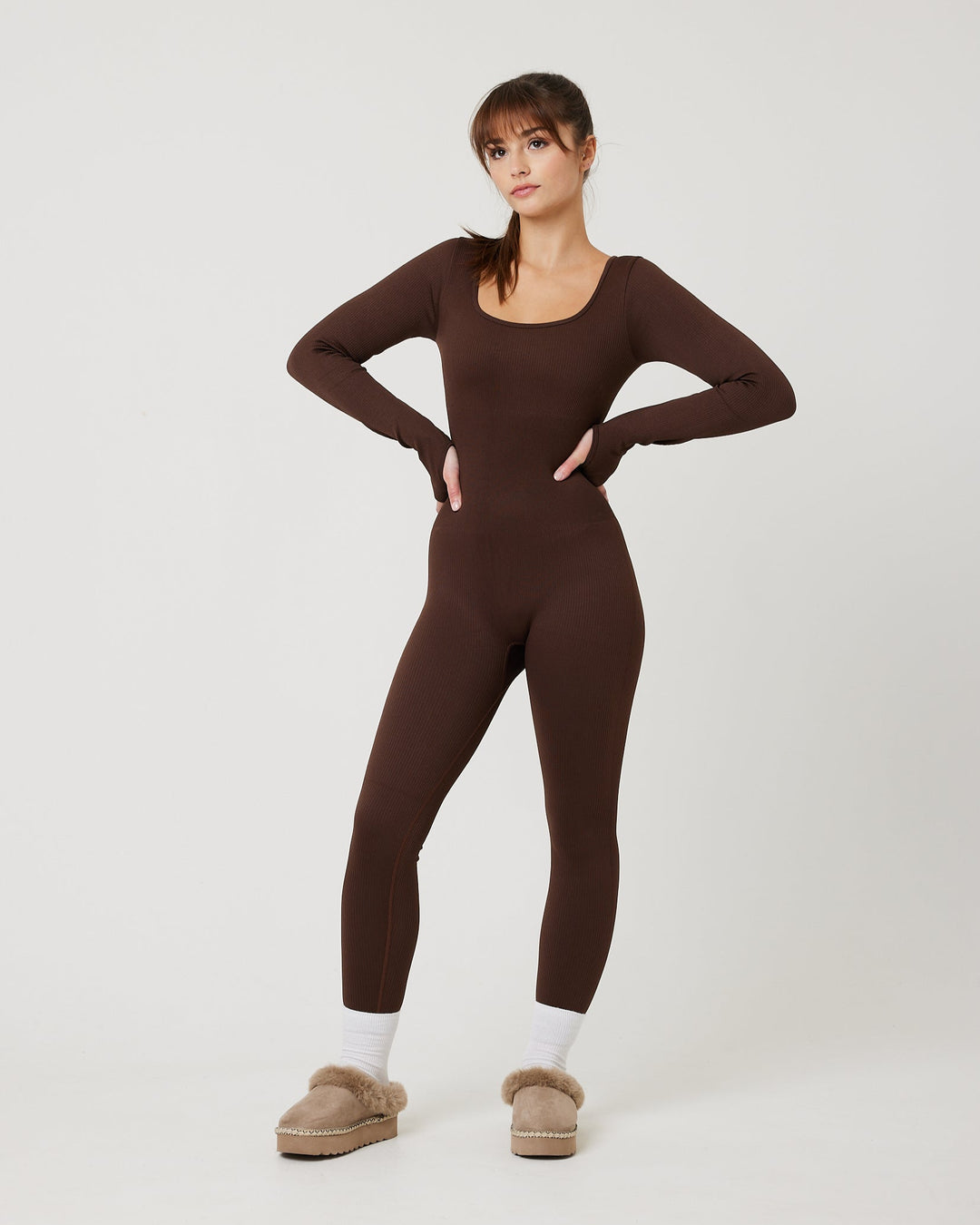 Snuggz Fit Ribbed Long Sleeve Mocha Jumpsuit