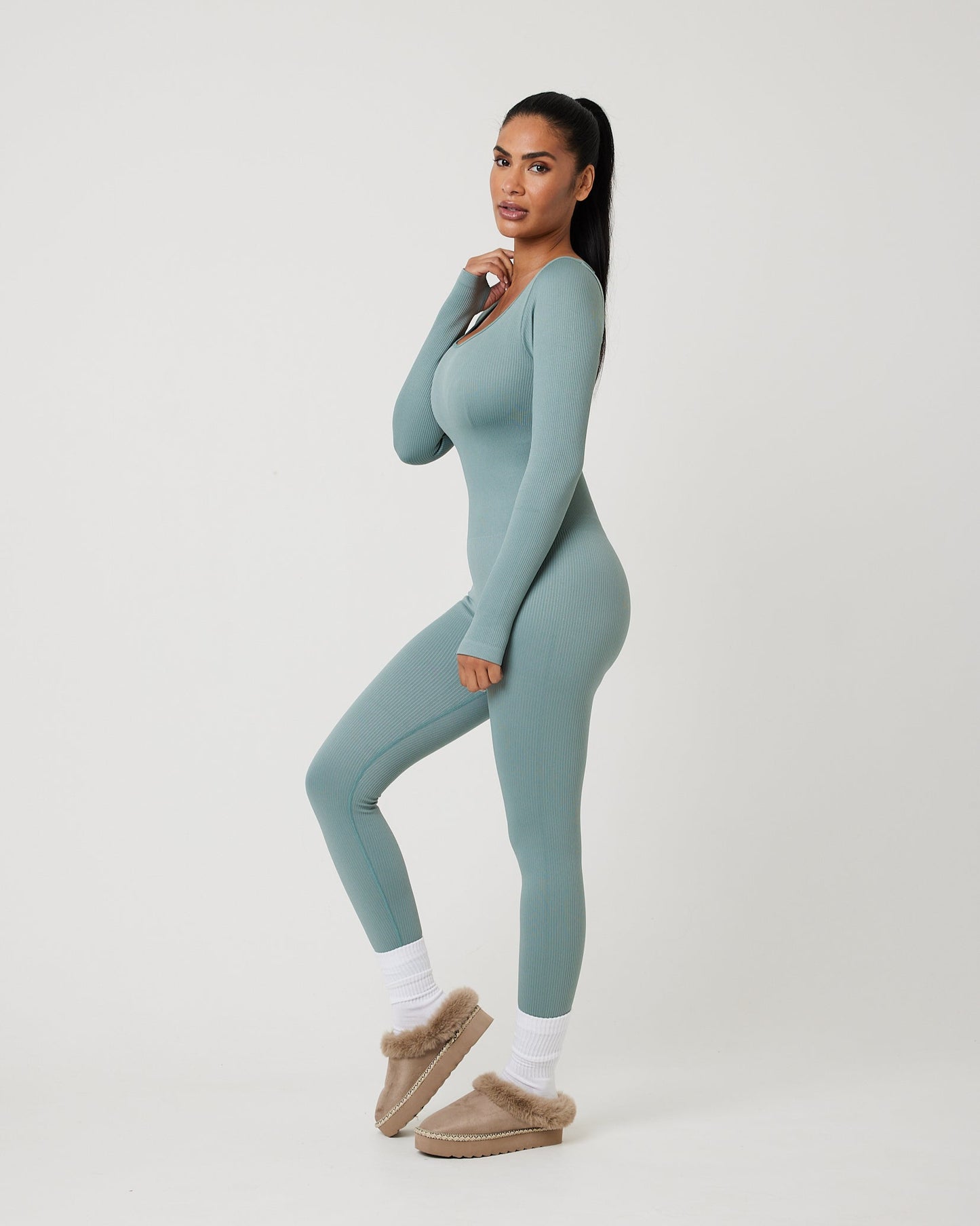 Snuggz Fit Ribbed Long Sleeve Green Jumpsuit