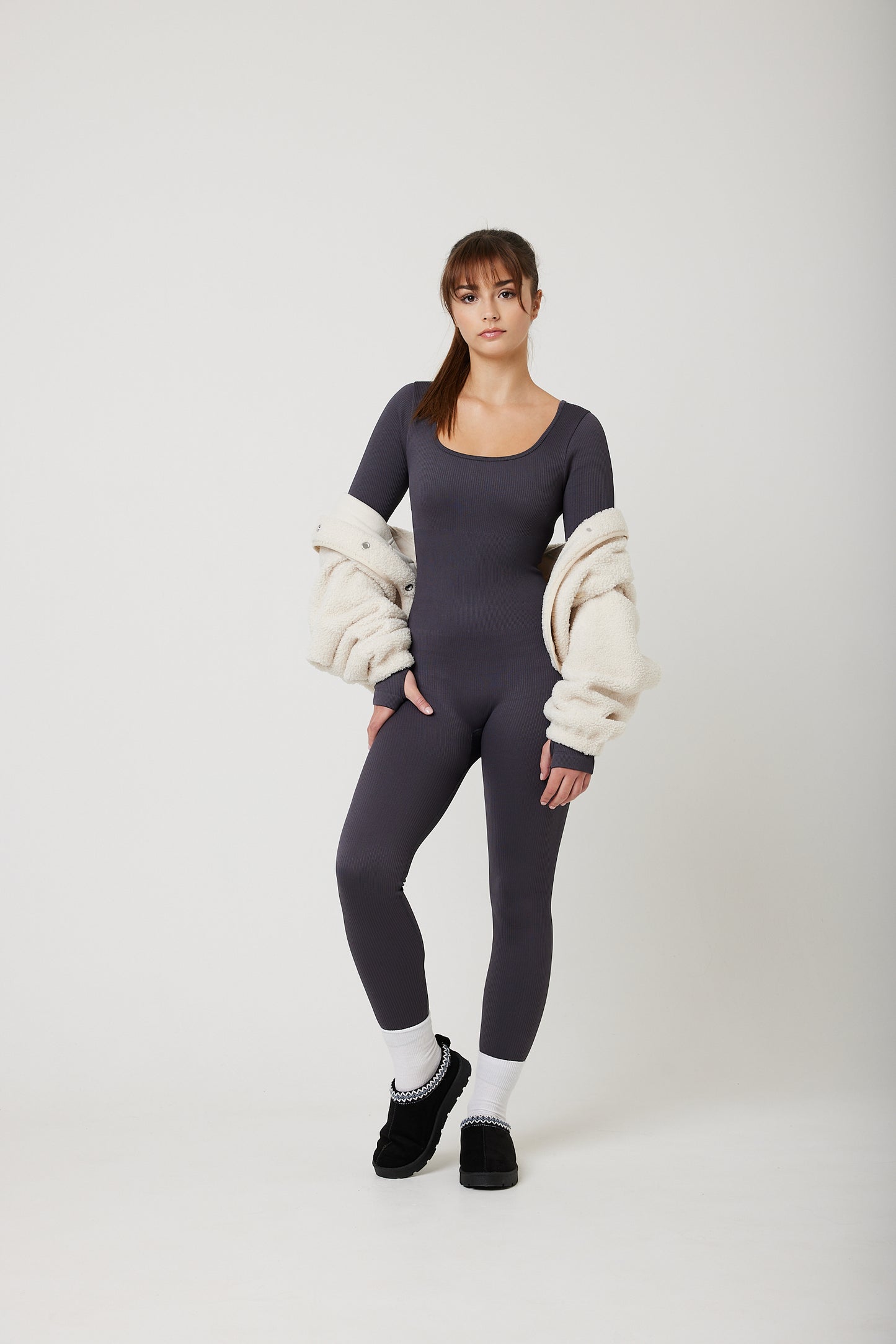 Snuggz Fit Ribbed Long Sleeve Grey Jumpsuit